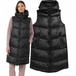 Bezrękawnik Kamizelka Damska długa z kapturem puchowa pikowana  4F 4FAW23TVESF074 czarna -rozmiar S (M)